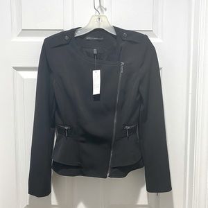 White House Black Market black zipper layered ruffled hem long sleeve jacket.